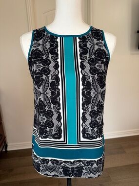 Ann Taylor Teal Black White Patterned Sleeveless Blouse